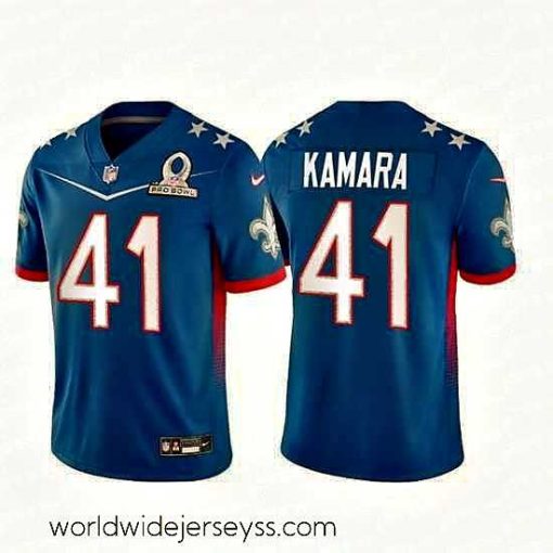 Exceptionally fashioned 2022 NFL Pro Bowl New Orleans Saints 41 Alvin Kamara NFC Blue Jersey