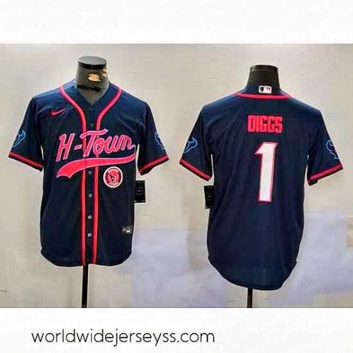 Finely crafted Houston Texans 1 Stefon Diggs Navy With Patch Cool Base Stitched Baseball Jersey 1