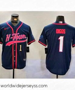 Exquisitely designed Houston Texans 1 Stefon Diggs Navy With Patch Cool Base Stitched Baseball Jersey 2