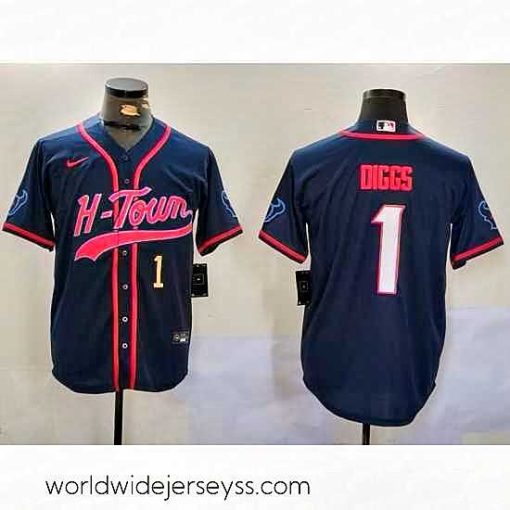 Exquisitely designed Houston Texans 1 Stefon Diggs Navy With Patch Cool Base Stitched Baseball Jersey 2