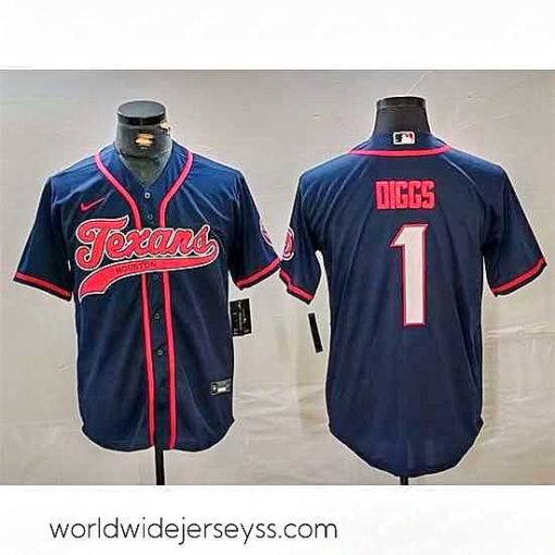 Superbly made Houston Texans 1 Stefon Diggs Navy With Patch Cool Base Stitched Baseball Jersey