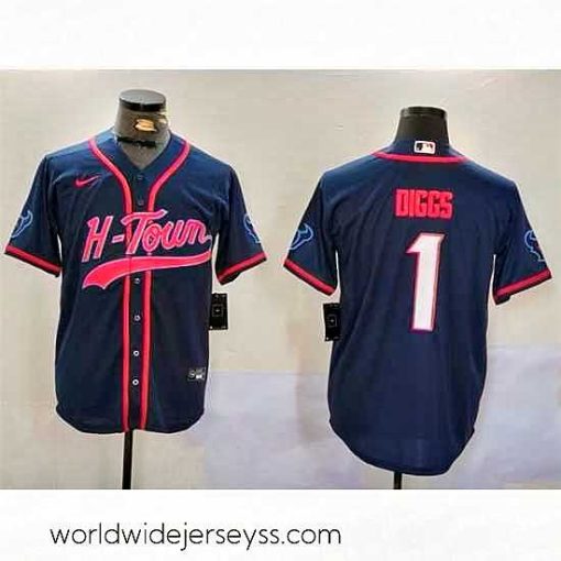 Finely crafted Houston Texans 1 Stefon Diggs Navy With Patch Cool Base Stitched Baseball Jersey