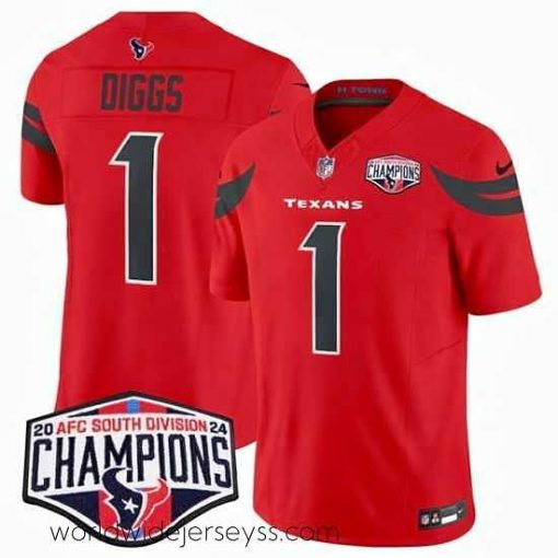 Superbly made Houston Texans 1 Stefon Diggs Red F.U.S.E  2024 AFC South Division Champions Vapor Limited Stitched Football Jersey