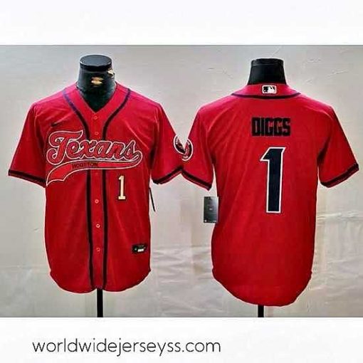 Marvelously styled Houston Texans 1 Stefon Diggs Red With Patch Cool Base Stitched Baseball Jersey 1