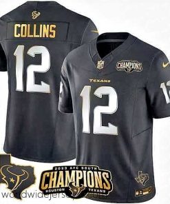 Marvelously styled Houston Texans 12 Nico Collins Black Golden 2023 F.U.S.E  With AFC South Champions Patch And Team Logo Patch Limited Stitched Football Jersey