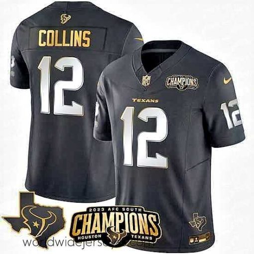 Marvelously styled Houston Texans 12 Nico Collins Black Golden 2023 F.U.S.E  With AFC South Champions Patch And Team Logo Patch Limited Stitched Football Jersey