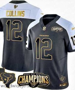 Exquisitely designed Houston Texans 12 Nico Collins Black White Golden 2023 F.U.S.E  With AFC South Champions Patch And Team Logo Patch Limited Stitched Football Jersey