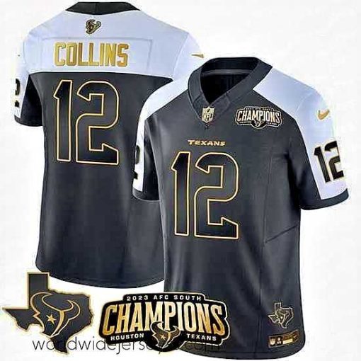 Exquisitely designed Houston Texans 12 Nico Collins Black White Golden 2023 F.U.S.E  With AFC South Champions Patch And Team Logo Patch Limited Stitched Football Jersey