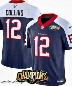 Exceptionally fashioned Houston Texans 12 Nico Collins Navy White 2023 F.U.S.E  AFC South Champions Patch Limited Stitched Football Jersey