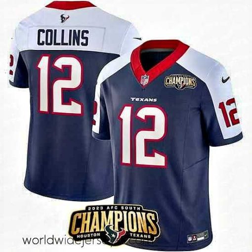 Exceptionally fashioned Houston Texans 12 Nico Collins Navy White 2023 F.U.S.E  AFC South Champions Patch Limited Stitched Football Jersey