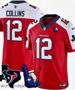 Finely crafted Houston Texans 12 Nico Collins Red White 2023 F.U.S.E  With Hand Sign Throwing Up The H Patch Vapor Untouchable Limited Stitched Football Jersey