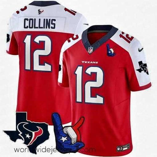 Finely crafted Houston Texans 12 Nico Collins Red White 2023 F.U.S.E  With Hand Sign Throwing Up The H Patch Vapor Untouchable Limited Stitched Football Jersey