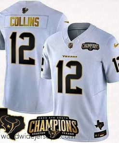 Superbly made Houston Texans 12 Nico Collins White Golden 2023 F.U.S.E  With AFC South Champions Patch And Team Logo Patch Limited Stitched Football Jersey