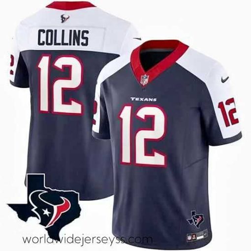 Marvelously styled Houston Texans 12 Nico Collins White Navy 2023 F.U.S.E  Vapor Untouchable Limited Stitched Football Jersey
