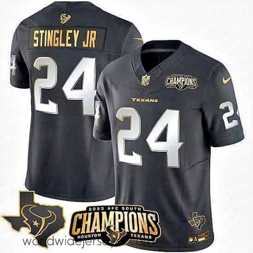 Exceptionally fashioned Houston Texans 24 Derek Stingley Jr  Black Golden 2023 F.U.S.E  With AFC South Champions Patch And Team Logo Patch Limited Stitched Football Jersey
