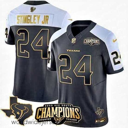 Marvelously styled Houston Texans 24 Derek Stingley Jr  Black White Golden 2023 F.U.S.E  With AFC South Champions Patch And Team Logo Patch Limited Stitched Football Jers
