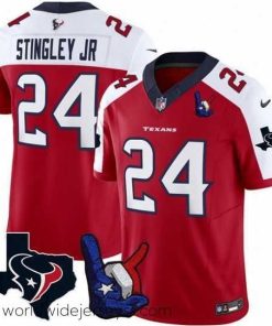 Superbly made Houston Texans 24 Derek Stingley Jr  Red White 2023 F.U.S.E  With Hand Sign Throwing Up The H Patch Vapor Untouchable Limited Stitched Football Jersey
