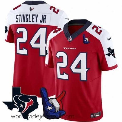 Superbly made Houston Texans 24 Derek Stingley Jr  Red White 2023 F.U.S.E  With Hand Sign Throwing Up The H Patch Vapor Untouchable Limited Stitched Football Jersey