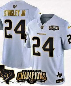 Superbly made Houston Texans 24 Derek Stingley Jr  White Golden 2023 F.U.S.E  With AFC South Champions Patch And Team Logo Patch Limited Stitched Football Jersey