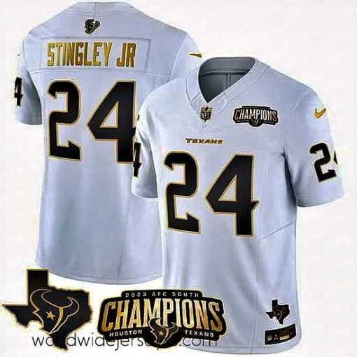 Superbly made Houston Texans 24 Derek Stingley Jr  White Golden 2023 F.U.S.E  With AFC South Champions Patch And Team Logo Patch Limited Stitched Football Jersey