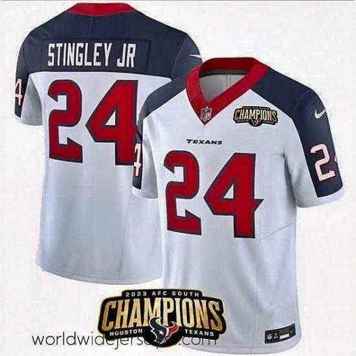 Marvelously styled Houston Texans 24 Derek Stingley Jr  White Navy 2023 F.U.S.E  With AFC South Champions Patch And Team Logo Patch Limited Stitched Football Jersey