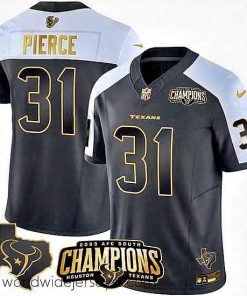 Exquisitely designed Houston Texans 31 Dameon Pierce Black White Golden 2023 F.U.S.E  With AFC South Champions Patch And Team Logo Patch Limited Stitched Football Jersey