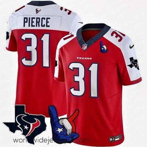 Exquisitely designed Houston Texans 31 Dameon Pierce Red White 2023 F.U.S.E  With Hand Sign Throwing Up The H Patch Vapor Untouchable Limited Stitched Football Jersey