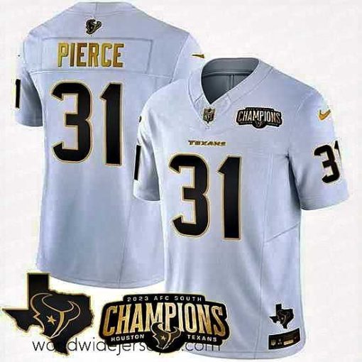 Finely crafted Houston Texans 31 Dameon Pierce White Golden 2023 F.U.S.E  With AFC South Champions Patch And Team Logo Patch Limited Stitched Football Jersey