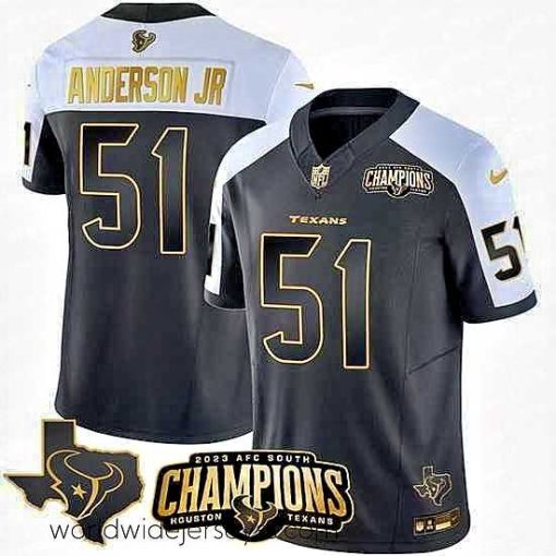 Superbly made Houston Texans 51 Will Anderson Jr  Black White Golden 2023 F.U.S.E  With AFC South Champions Patch And Team Logo Patch Limited Stitched Football Jerse