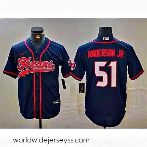 Superbly made Houston Texans 51 Will Anderson Jr  Navy With Patch Cool Base Stitched Baseball Jersey