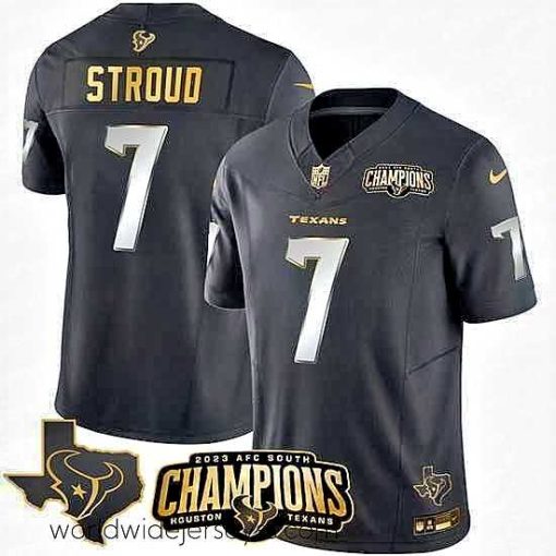 Marvelously styled Houston Texans 7 C J  Stroud Black Golden 2023 F.U.S.E  With AFC South Champions Patch And Team Logo Patch Limited Stitched Football Jersey