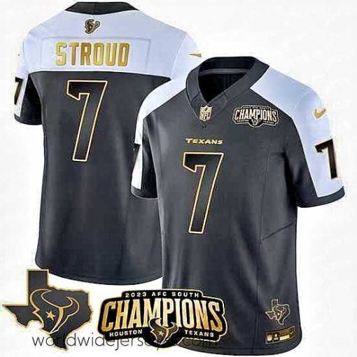 Exquisitely designed Houston Texans 7 C J  Stroud Black White Golden 2023 F.U.S.E  With AFC South Champions Patch And Team Logo Patch Limited Stitched Football Jersey