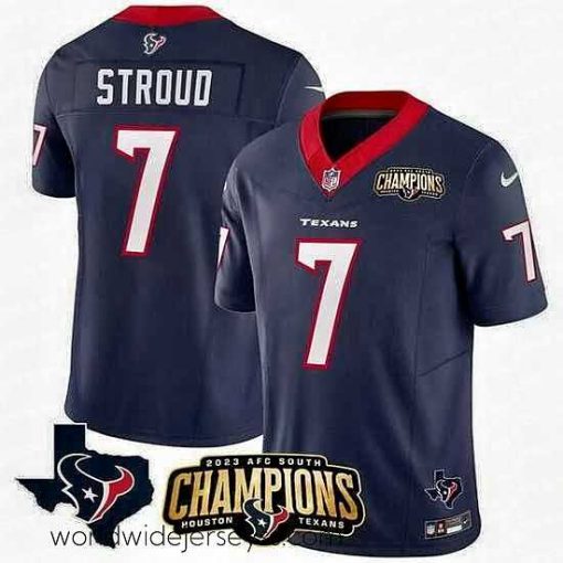 Marvelously styled Houston Texans 7 C J  Stroud Navy 2023 F.U.S.E  AFC South Champions Patch And Team Logo Patch Vapor Untouchable Limited Stitched Football Jersey