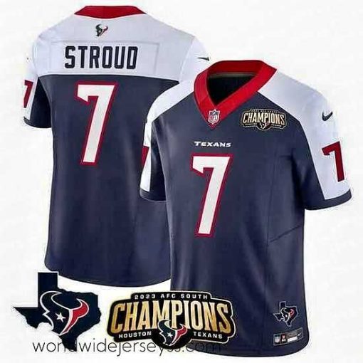 Exquisitely designed Houston Texans 7 C J  Stroud Navy White 2023 F.U.S.E  AFC South Champions Patch And Team Logo Patch Vapor Untouchable Limited Stitched Football Jersey
