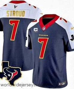 Marvelously styled Houston Texans 7 C J  Stroud Navy White 2023 F.U.S.E  With 1 Star C And Team Logo Patch Limited Stitched Football Jersey