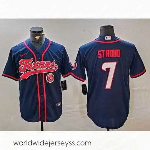 Exceptionally fashioned Houston Texans 7 C J  Stroud Navy With Patch Cool Base Stitched Baseball Jersey 1