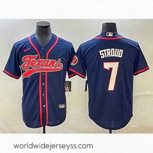 Superbly made Houston Texans 7 C J  Stroud Navy With Patch Cool Base Stitched Baseball Jersey