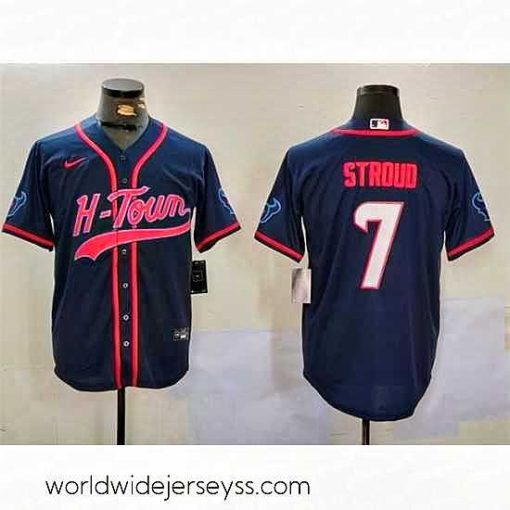 Superbly made Houston Texans 7 C J  Stroud Navy With Patch Cool Base Stitched Baseball Jersey