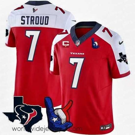 Finely crafted Houston Texans 7 C J  Stroud Red White 2023 F.U.S.E  With 1 Star C And Hand Sign Throwing Up The H Patch Vapor Untouchable Limited Stitched Football Je