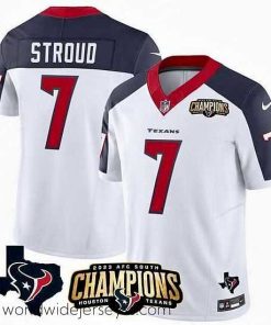Finely crafted Houston Texans 7 C J  Stroud White Navy 2023 F.U.S.E  AFC South Champions Patch And Team Logo Patch Vapor Untouchable Limited Stitched Football Jersey