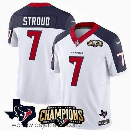 Finely crafted Houston Texans 7 C J  Stroud White Navy 2023 F.U.S.E  AFC South Champions Patch And Team Logo Patch Vapor Untouchable Limited Stitched Football Jersey
