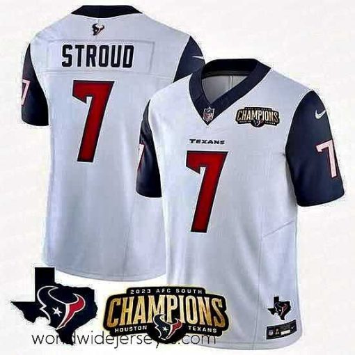 Superbly made Houston Texans 7 C J  Stroud White Navy 2023 F.U.S.E  AFC South Champions Patch And Team Logo Patch Vapor Untouchable Limited Stitched Football JerseyS