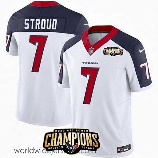 Superbly made Houston Texans 7 C J  Stroud White Navy 2023 F.U.S.E  AFC South Champions Patch Limited Stitched Football Jersey