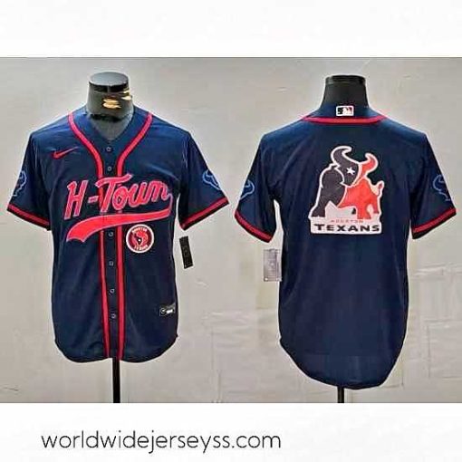 Marvelously styled Houston Texans Team Big Logo Navy With Patch Cool Base Stitched Baseball Jersey 1
