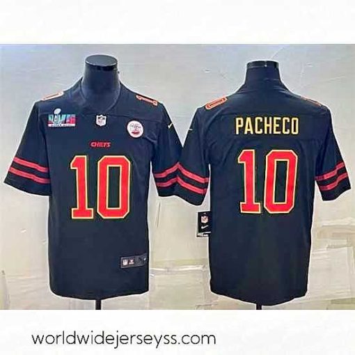 Exceptionally fashioned Kansas City Chiefs 10 Isiah Pacheco Black Red Gold Super Bowl LVII Patch Vapor Untouchable Limited Stitched Jersey