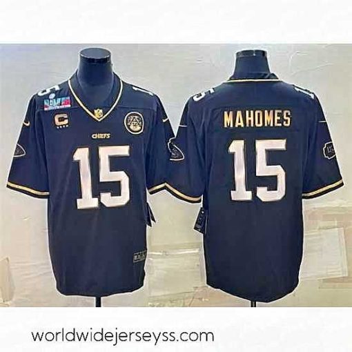 Finely crafted Kansas City Chiefs 15 Patrick Mahomes Black Gold Super Bowl LVII Patch And 4 Star C Patch Vapor Untouchable Limited Stitched Jersey