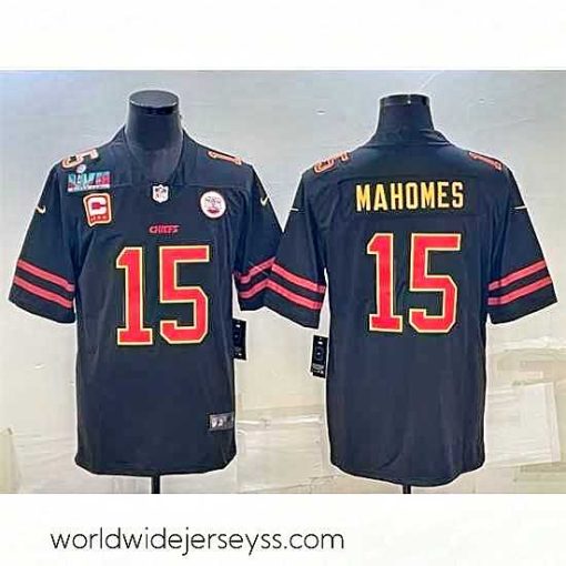 Marvelously styled Kansas City Chiefs 15 Patrick Mahomes Black Red Gold Super Bowl LVII Patch And 4 Star C Patch Vapor Untouchable Limited Stitched Jersey