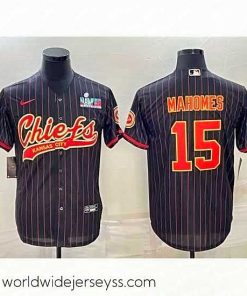 Marvelously styled Kansas City Chiefs 15 Patrick Mahomes Black With Super Bowl LVII Patch Cool Base Stitched Baseball Jersey