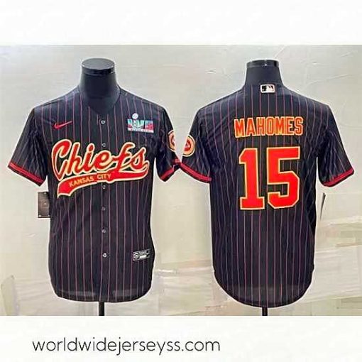 Marvelously styled Kansas City Chiefs 15 Patrick Mahomes Black With Super Bowl LVII Patch Cool Base Stitched Baseball Jersey