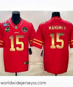 Superbly made Kansas City Chiefs 15 Patrick Mahomes Red Gold Super Bowl LVII Patch And 4 Star C Patch Vapor Untouchable Limited Stitched Jersey